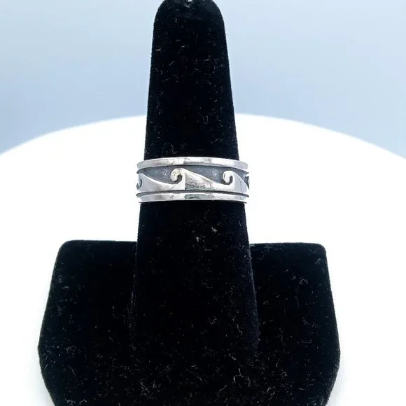 Vintage Sterling Silver Wave Scroll Oxidized Band Ring - Picture 5 of 13